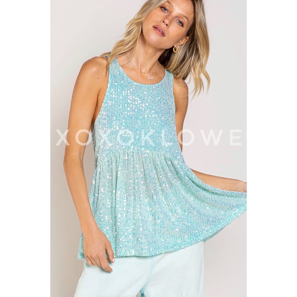 POL Aqua Sequin Sparkle Babydoll Top